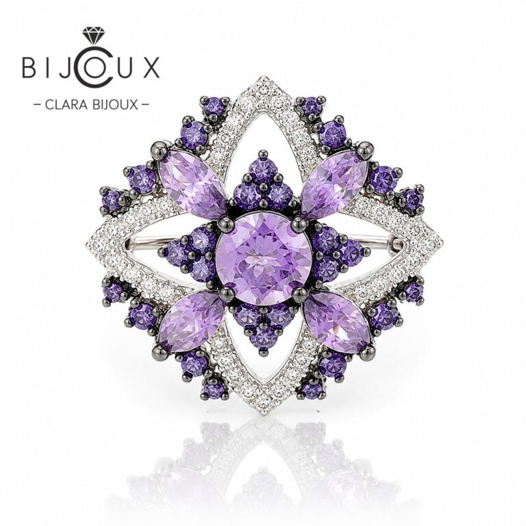 Луксозна сребърна брошка Amethyst Empress със синтетични аметисти, бели цирконии и симетричен флорален дизайн – Clara Bijoux