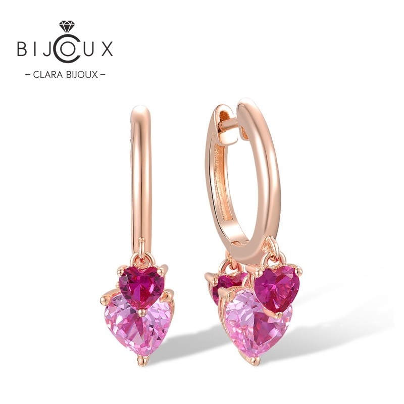PE486.1 Сребърни обеци Rose Heart Duet с лабораторни розови сапфири, синтетични рубини и розова позлата – Clara Bijoux