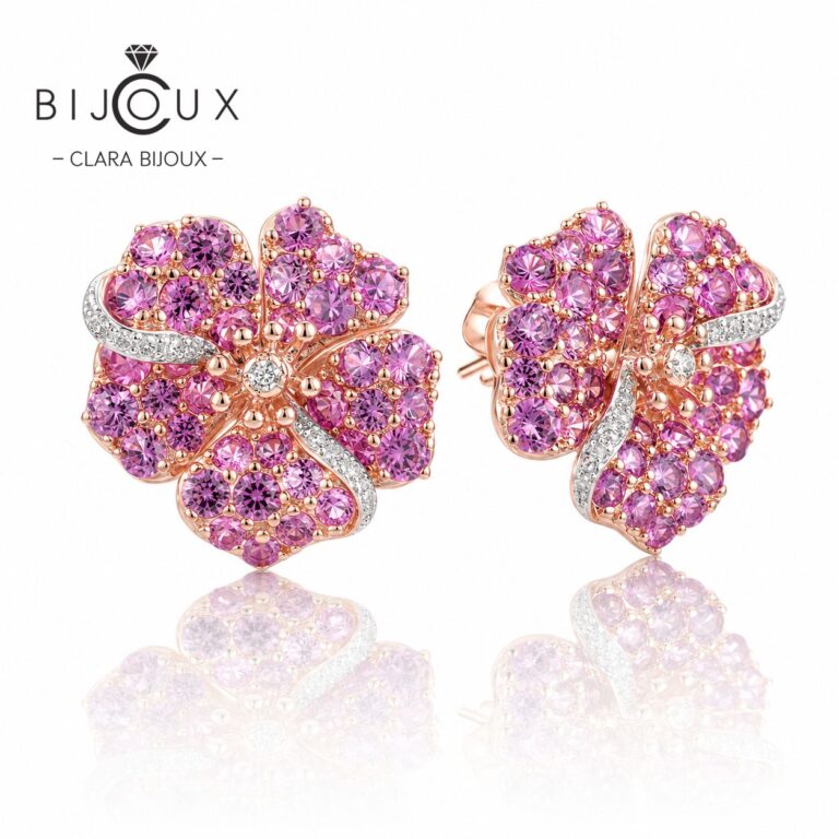 Сребърни флорални обеци Pink Sapphire Bloom със синтетични розови сапфири, бял цирконий и розова позлата – Clara Bijoux