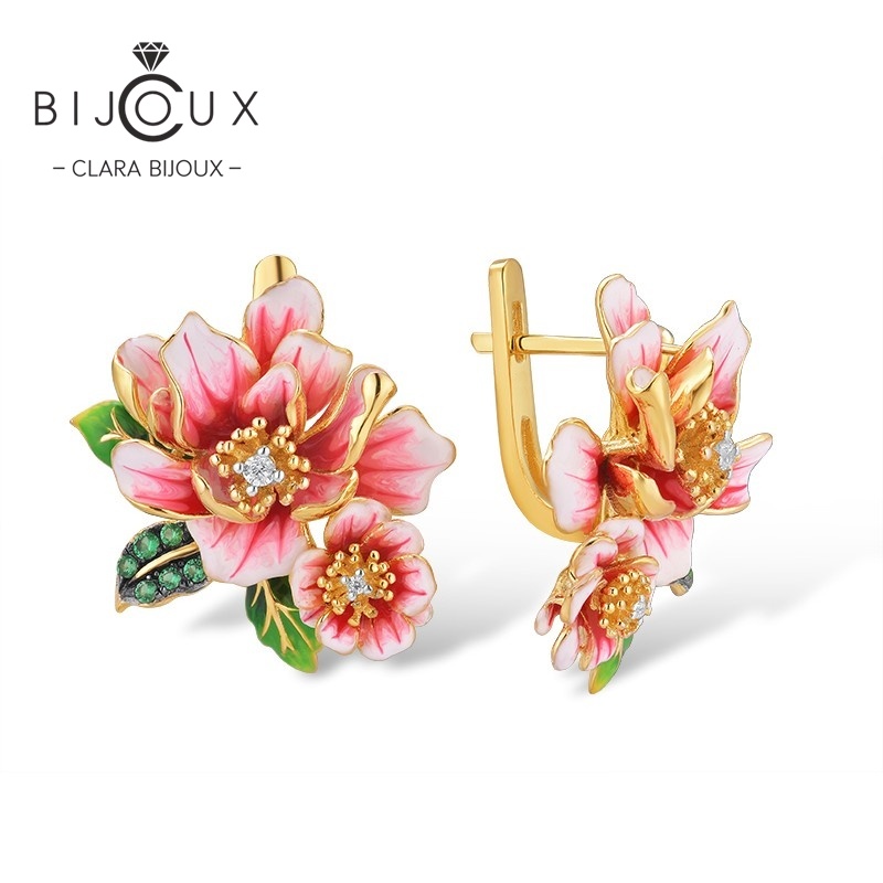 PE493 Бутикови позлатени сребърни обеци Verde Blossom със зелени шпинели, бял цирконий и розов флорален емайл – Clara Bijoux