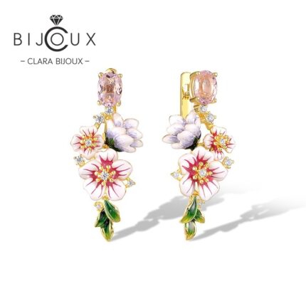 Бутикови позлатени сребърни обеци Blush Blossom с розови кристали, бял цирконий и цветен флорален емайл – Clara Bijoux