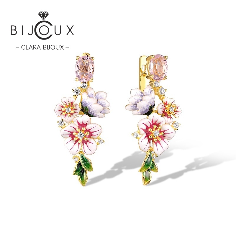 Бутикови позлатени сребърни обеци Blush Blossom с розови кристали, бял цирконий и цветен флорален емайл – Clara Bijoux