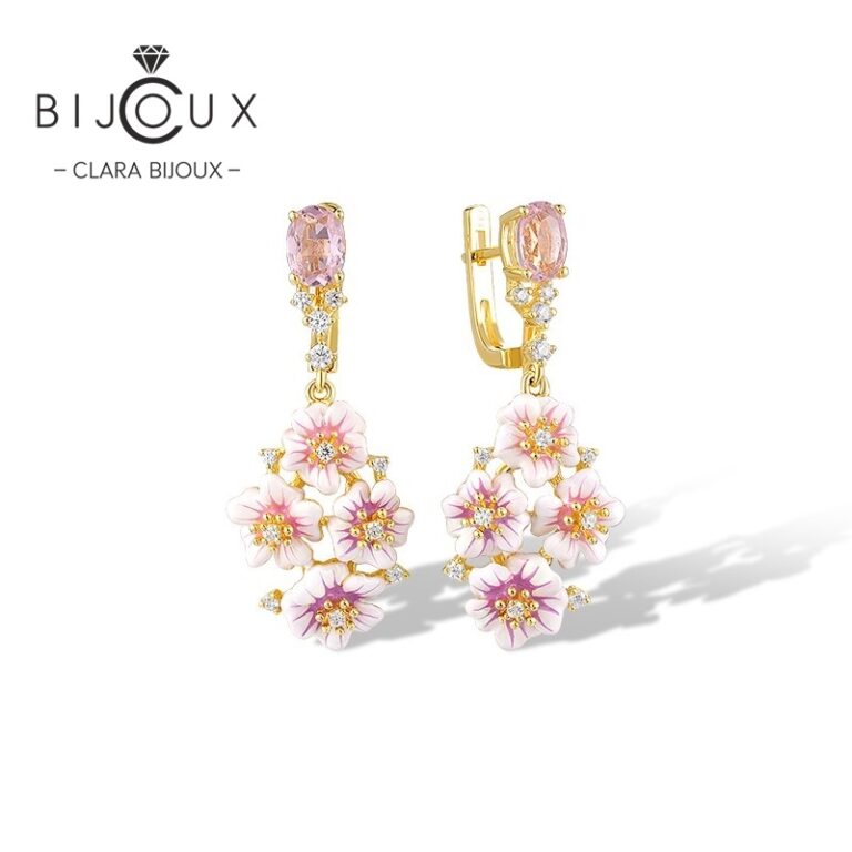 Сребърни флорални обеци Pink Blossom Cascade с розови кристали, бял цирконий, емайл и жълта позлата – Clara Bijoux