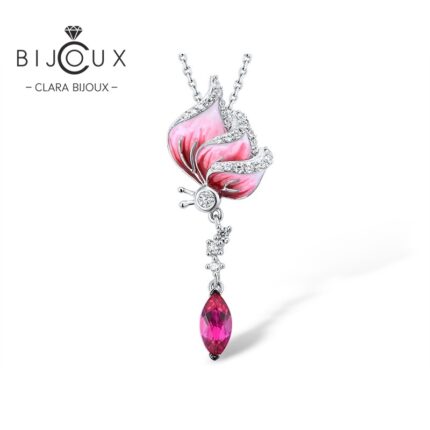Дизайнерска сребърна висулка Pink Elegance с розов емайл, бели цирконии и висящ цикламен камък – Clara Bijoux
