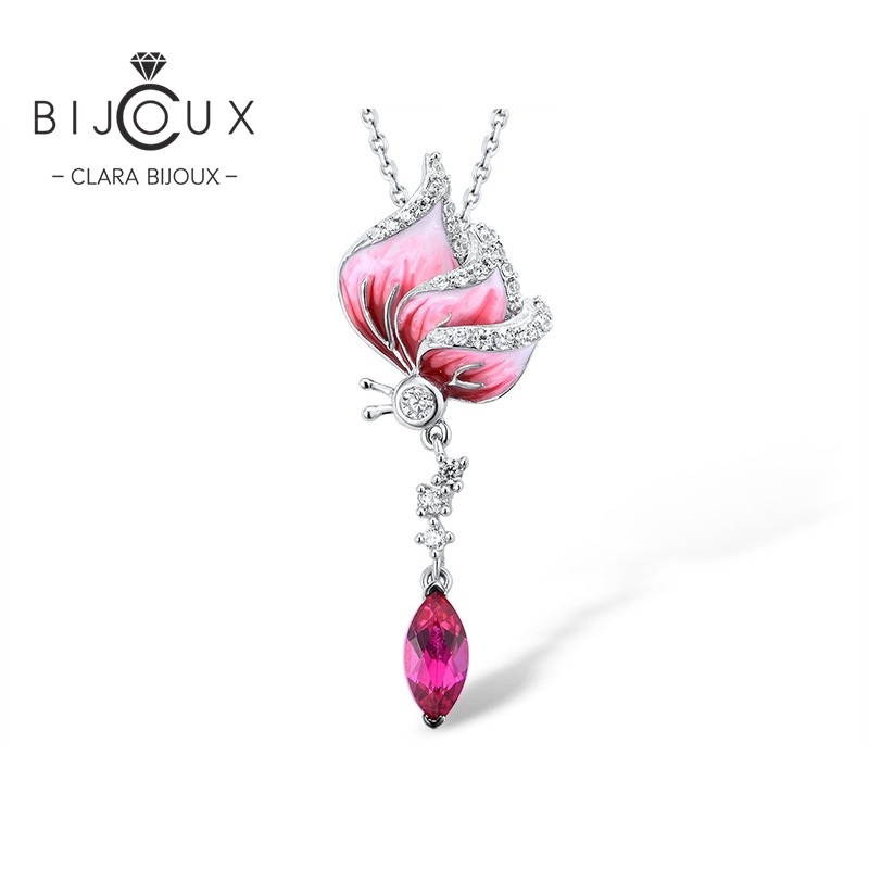 PP406 Дизайнерска сребърна висулка Pink Elegance с розов емайл, бели цирконии и висящ цикламен камък – Clara Bijoux