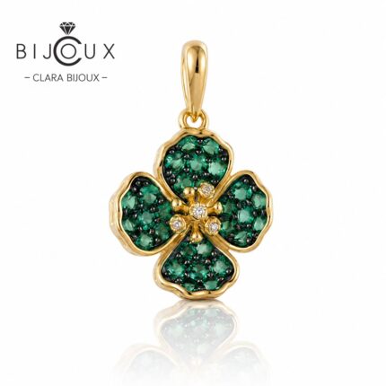 Сребърна висулка детелина Lucky Emerald със зелени шпинели, жълта позлата и бели цирконии – Clara Bijoux