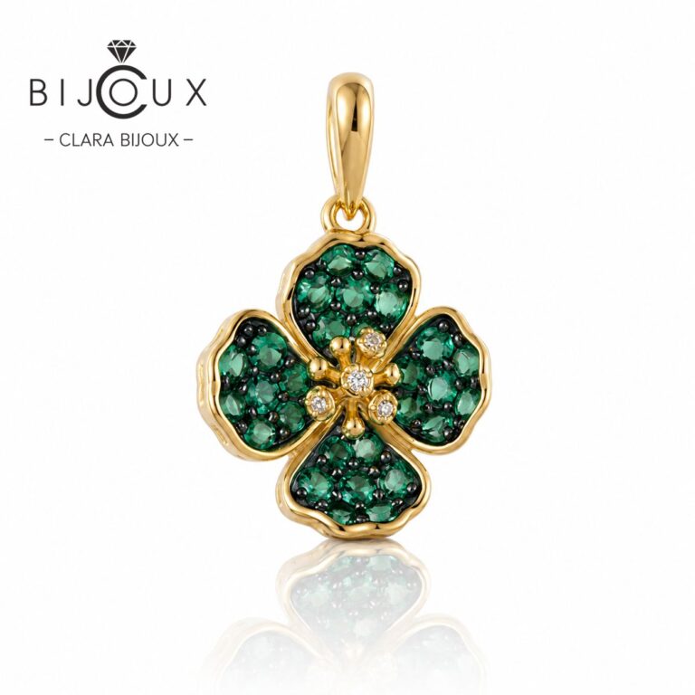 Сребърна висулка детелина Lucky Emerald със зелени шпинели, жълта позлата и бели цирконии – Clara Bijoux