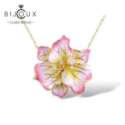 Луксозна сребърна висулка Golden Hibiscus с розово цвете, жълта позлата, емайл и бели цирконии – Clara Bijoux