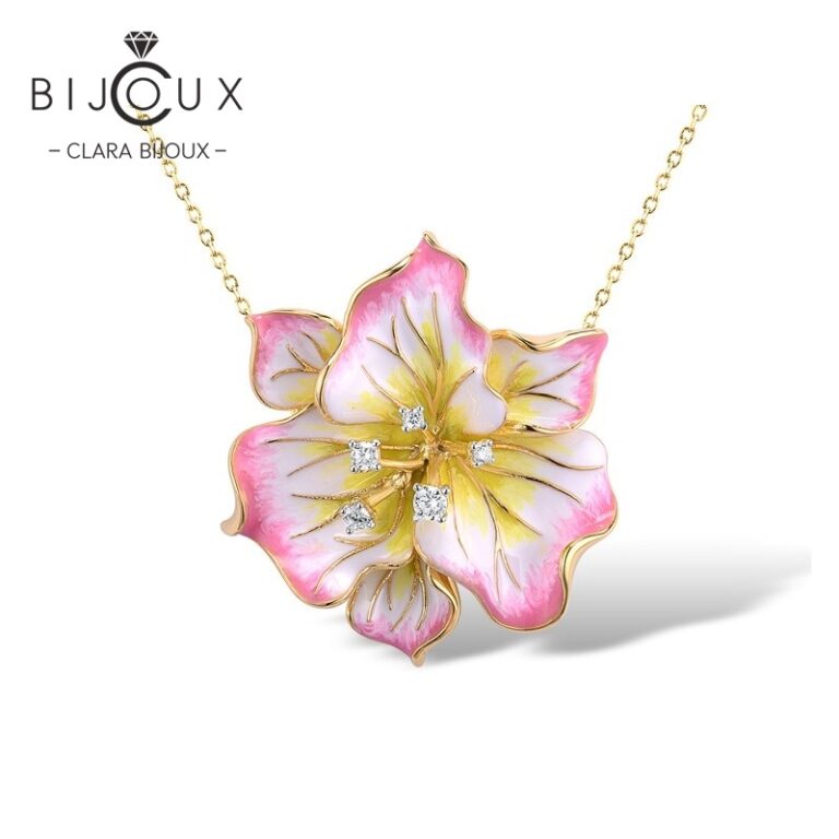 Луксозна сребърна висулка Golden Hibiscus с розово цвете, жълта позлата, емайл и бели цирконии – Clara Bijoux