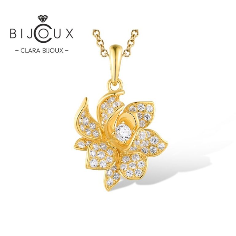 Сребърна висулка цвете Golden Fleur от сребро 925 с жълта позлата и бели цирконии – Clara Bijoux