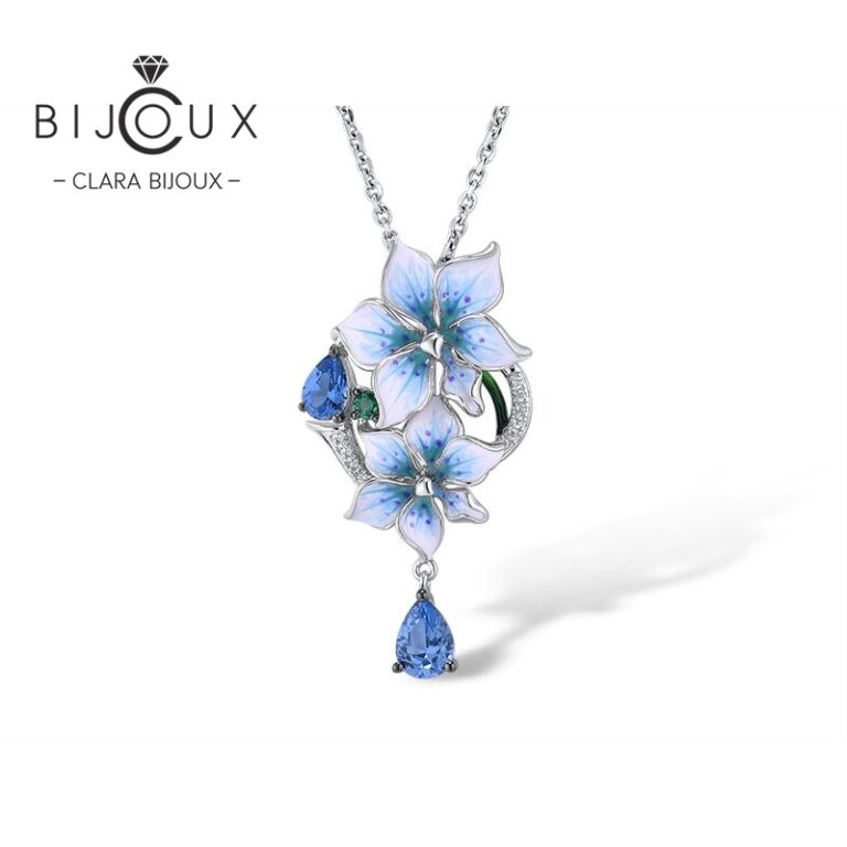 Дизайнерска сребърна висулка Blue Orchid Cascade с две сини орхидеи, цветен емайл и капковидни сини кристали – Clara Bijoux