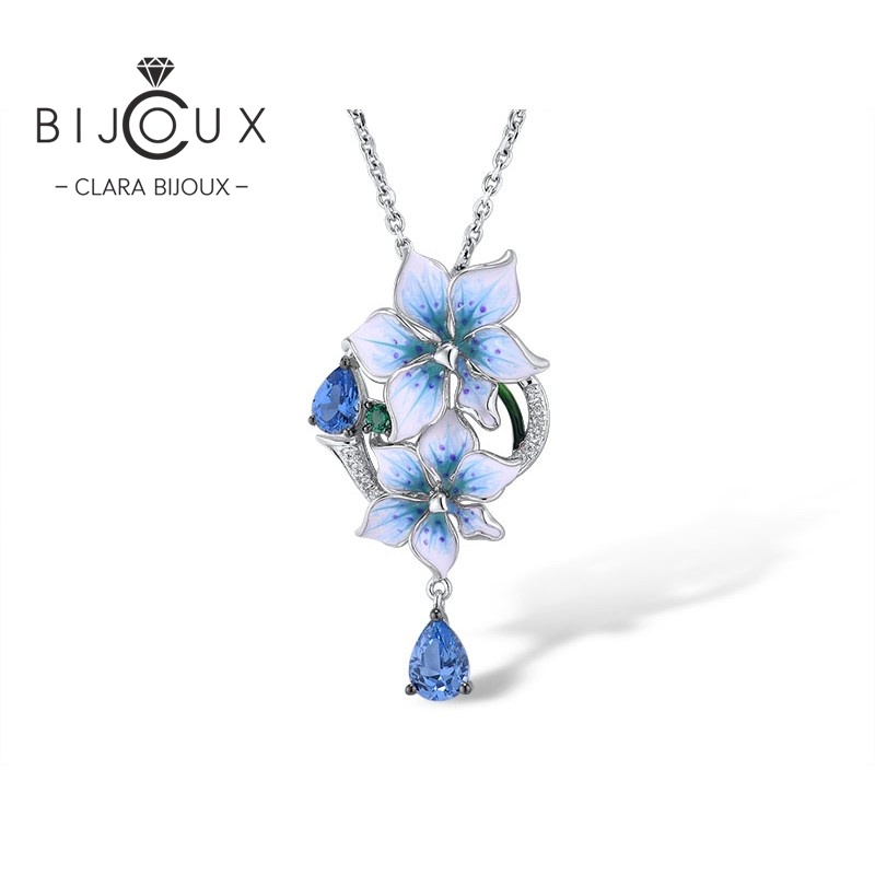Дизайнерска сребърна висулка Blue Orchid Cascade с две сини орхидеи, цветен емайл и капковидни сини кристали – Clara Bijoux