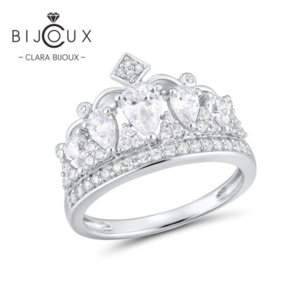 Сребърен пръстен корона Royal Crown от сребро 925 с родиево покритие и бели цирконии – Clara Bijoux