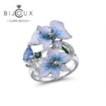 Дизайнерски сребърен пръстен Blue Orchid с две цветя, синьо-лилав емайл и син кристал – Clara Bijoux