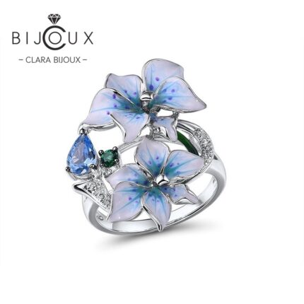 Дизайнерски сребърен пръстен Blue Orchid с две цветя, синьо-лилав емайл и син кристал – Clara Bijoux